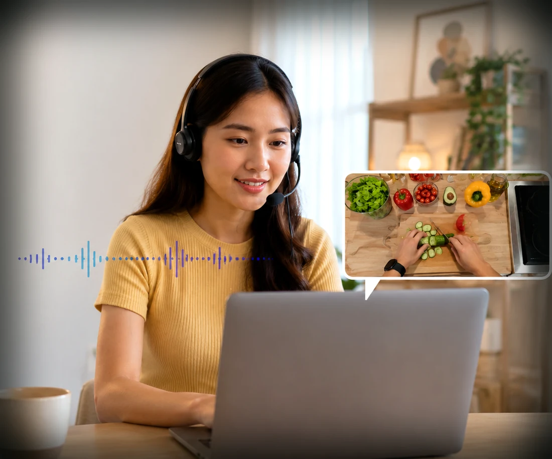 A narrator in a headset describing a cooking video as it plays on her laptop